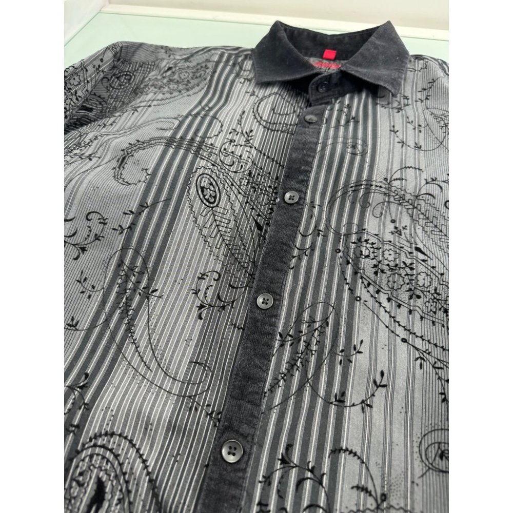 Luchiano Visconti Men Shirt Corduroy Trim Flip Cuff Paisley Textured Button Up M - Picture 3 of 10